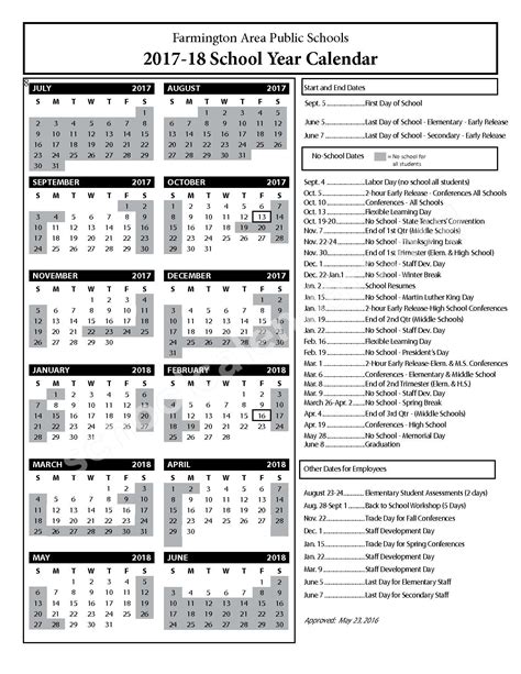 2017 - 2018 District Calendar | Farmington Public School District ...