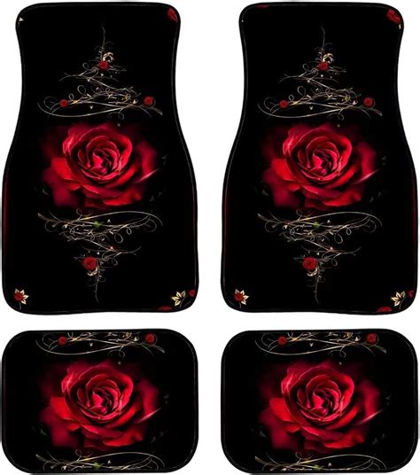 4 Pieces Car Floor Mats For Women Red Rose Flower Printed Car