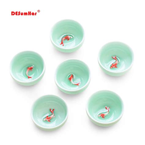 6 St Cke Celadon 3D Goldene Fisch China Tee Tasse Set Kung Fu Tee Tasse