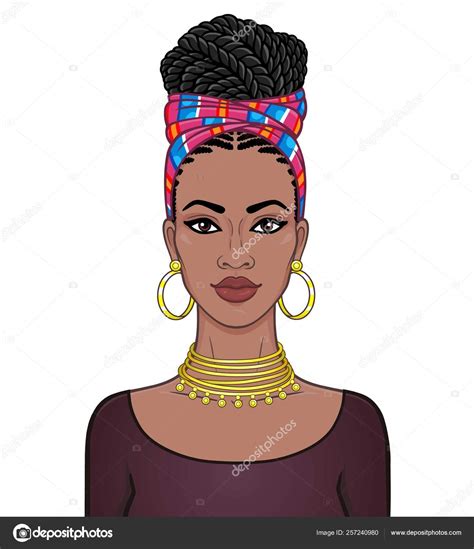 Animation Portrait Beautiful Black Woman Turban Gold Jewelry Ethnic