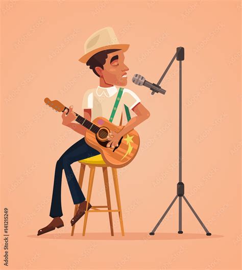 Singer Man Character Sing Song And Play Guitar Vector Flat Cartoon