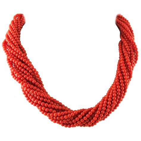 Red Coral Multi Strand Torsade Necklace At 1stDibs