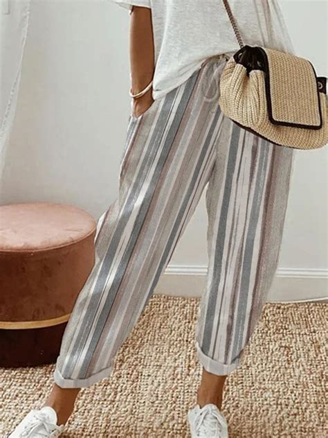 Striped Casual Pockets Loose Elastic Waist Pants Noracora