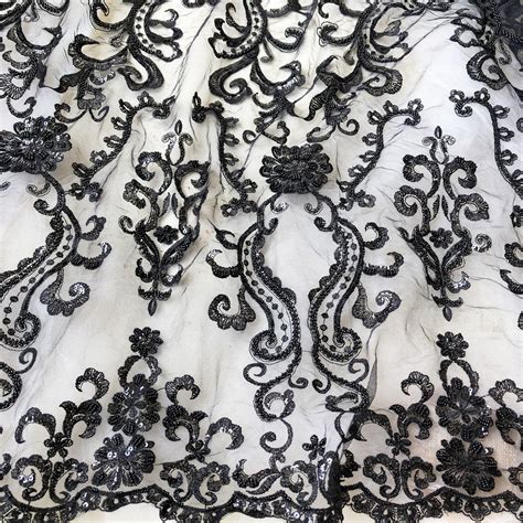 Black Sequined Beaded Lace Fabric By The Yard Shimmery Etsy