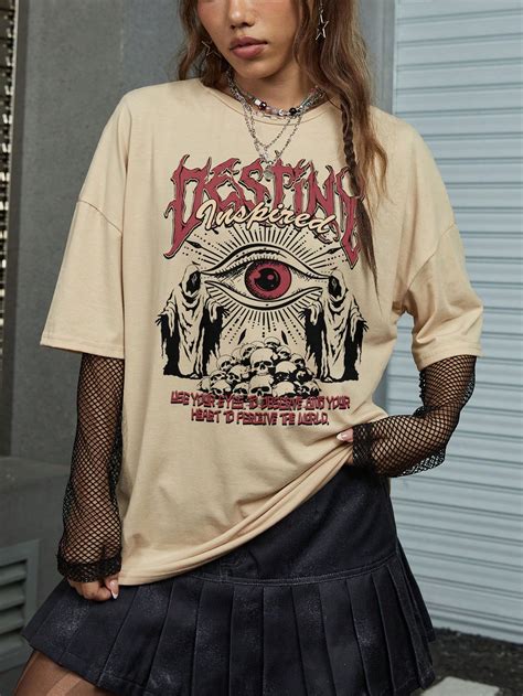 Romwe Grunge Punk Eye Skull Slogan Graphic Drop Shoulder Tee For Sale