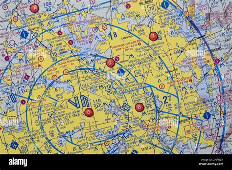 Close up detail of an aviation sectional navigation map showing Dallas ...