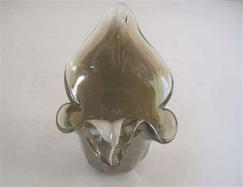 Murano White Crystal Vase Bowl Or Candle Holder 6 5 Art Glass Wave Flower Pearl Gray Hand