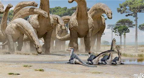 Predatory Feathered Raptors Encounter A Herd Of Huge Sauropods At A Watering Hole Damir Martin