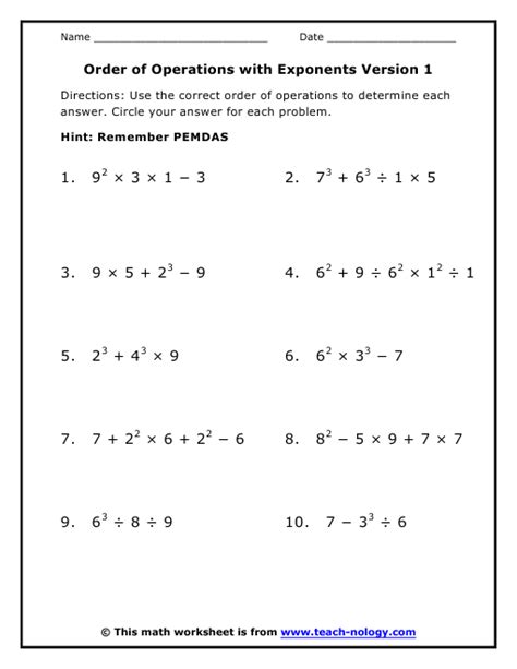 Order Of Operations Math Worksheets