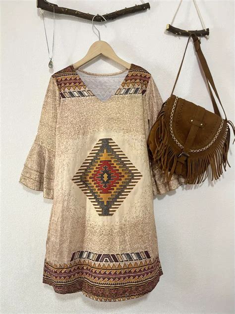 Aztec Print Layered Dress Vintage V Neck Flared Sleeve Dress Temu