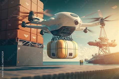 flying robot transport drone at futuristic cargo port of future ...