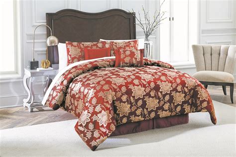 7 Piece Jacquard Comforter Set Burgundy Floral Jacobean