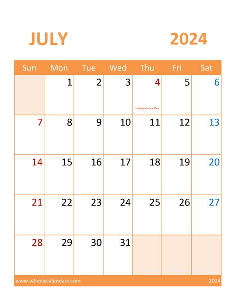 July 2024 Calendar Vertical Printable Monthly Calendar