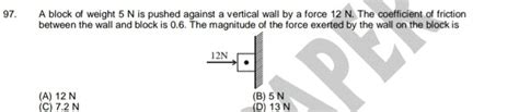 A Block Of Weight N Is Pushed Against A Vertical Wall By A Force N