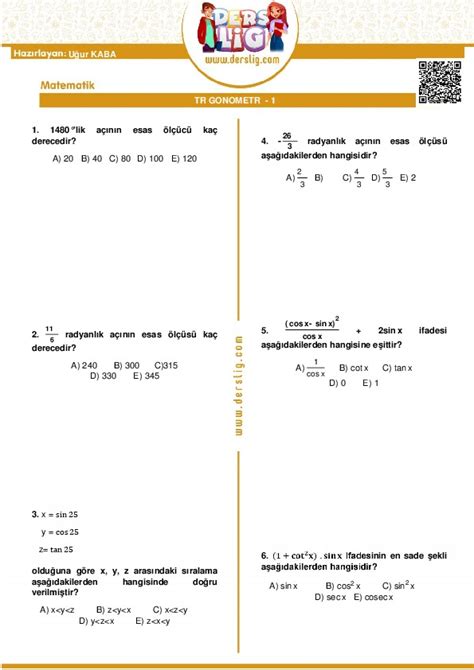 S N F Matematik Trigonometri Yaprak Test Derslig