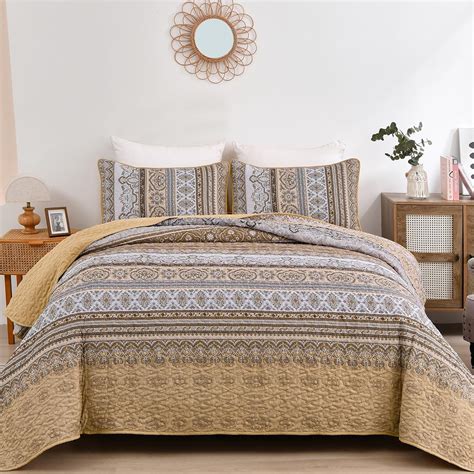 Amazon WONGS BEDDING Brown Quilt Set Queen Size Bohemian Stripe 3