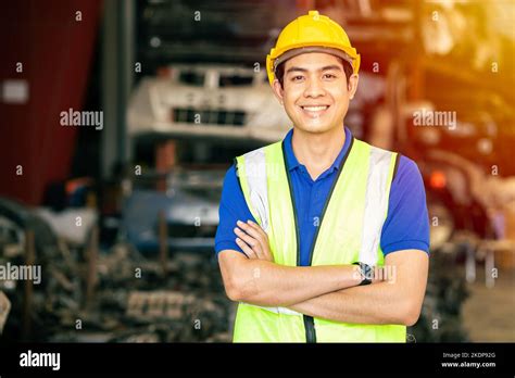 Asian Male Engineer Worker Standing Arm Crossed Confident Happy Smile