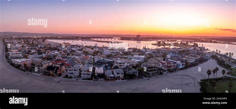 Aerial View Of Colorful Sunrise Sky Over Mission Beach San Diego With