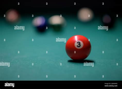 Close Up Billiard Red Ball Number 3 Colorful Billiard Balls On The