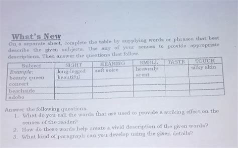 What S NewOn A Separate Sbect Complete The Table By Supplying Words Or