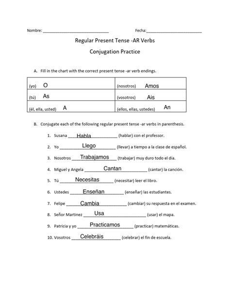 Regular Present Tense Ar Verbs Conjugation Practice O As A Amos Ais