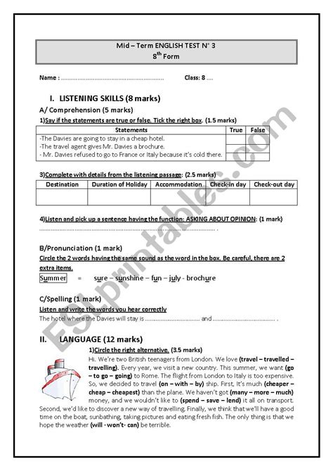 English Test Th Form Tunisian Schools Esl Worksheet By Sallouma