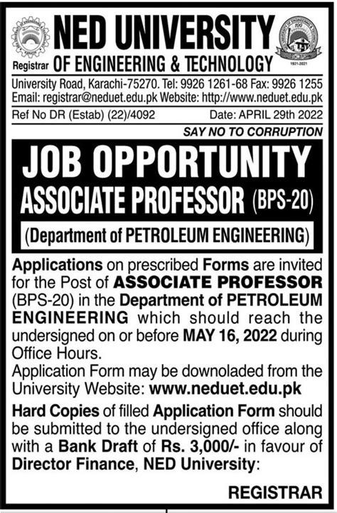 Ned University Of Engineering And Technology Jobs 2024 Job Advertisement