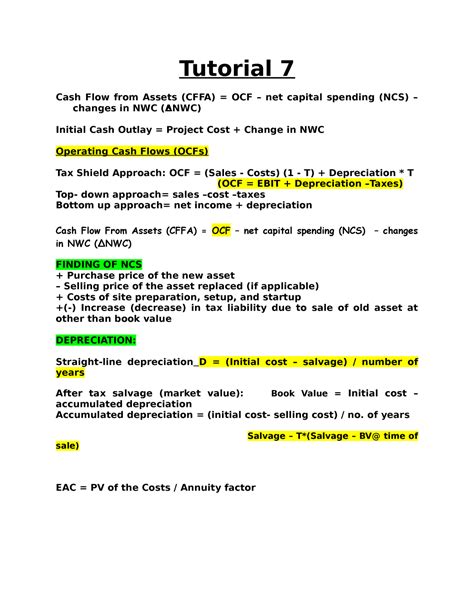 Fin 222 Formulas Tutorial 7 Cash Flow From Assets Cffa Ocf Net