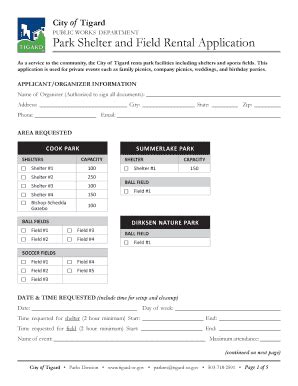 Fillable Online Tigard Or Park Shelter And Field Rental Application