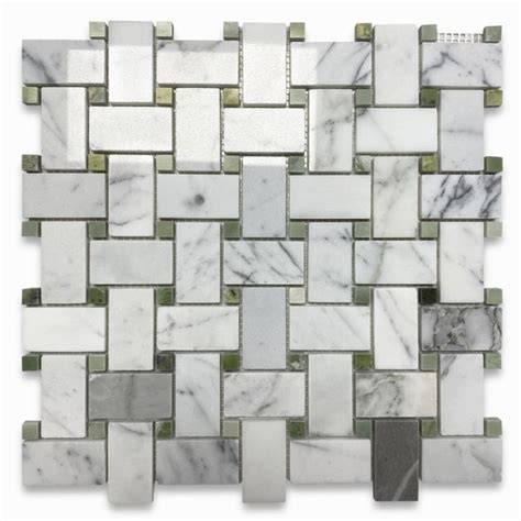 Calacatta Gold Marble X Basketweave Mosaic Tile W Green Jade Dots