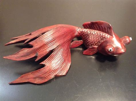 Vintage Carved Rosewood Japanese Koi Fish Fighting Koi Fish