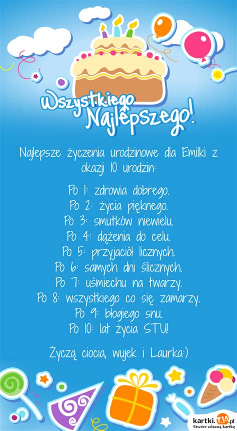 Najlepsze życzenia urodzinowe dla Emilki z okazji 10 urodzin Darmowe