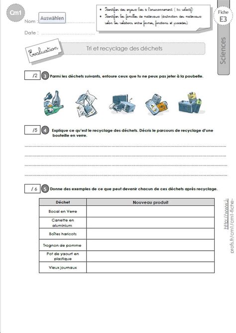 CM1 SCIENCES et TECHNOLOGIE Evaluations Le tri des déchets