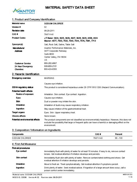 Msds Sodium Chloride Pdf Dangerous Goods Personal Protective