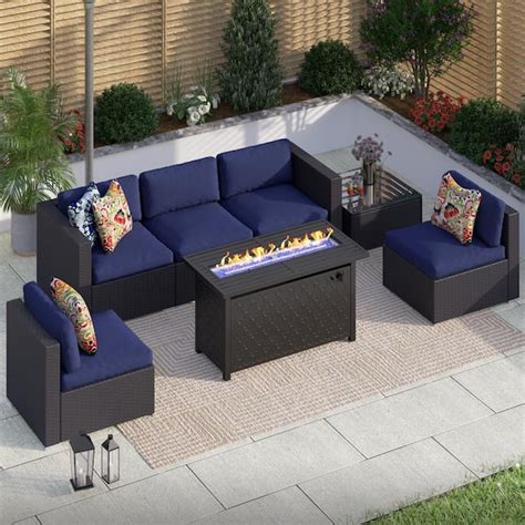 PHI VILLA Dark Brown Rattan Wicker 5 Seat 7-Piece Steel Outdoor Fire ...