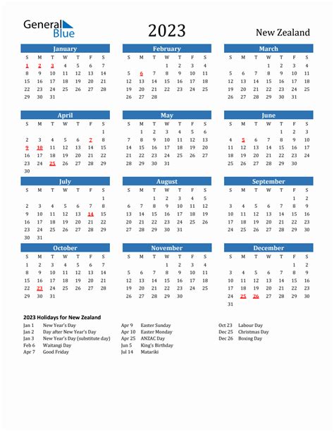 New Zealand 2023 Calendar with Holidays