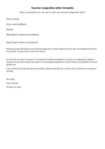 Teacher Resignation Letter Template Teaching Resources