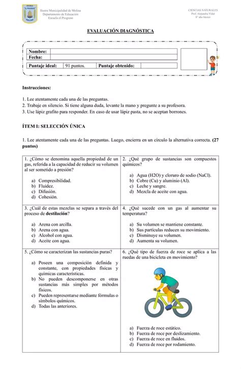 Evaluaci N Diagn Stica Ciencias Naturales A O B Sico Profe Social