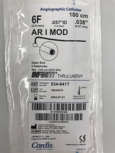 Cordis T Infiniti Thrulumen Angiographic Catheter Ar I Mod F