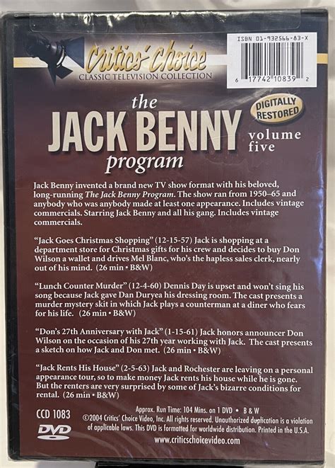 The Jack Benny Program Vol 5 Dvd 617742108392 4 Classic Episodes