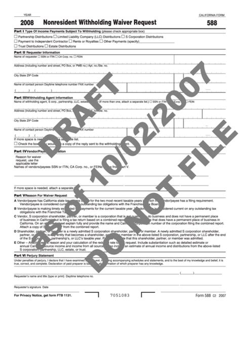 Form Draft Nonresident Withholding Waiver Request