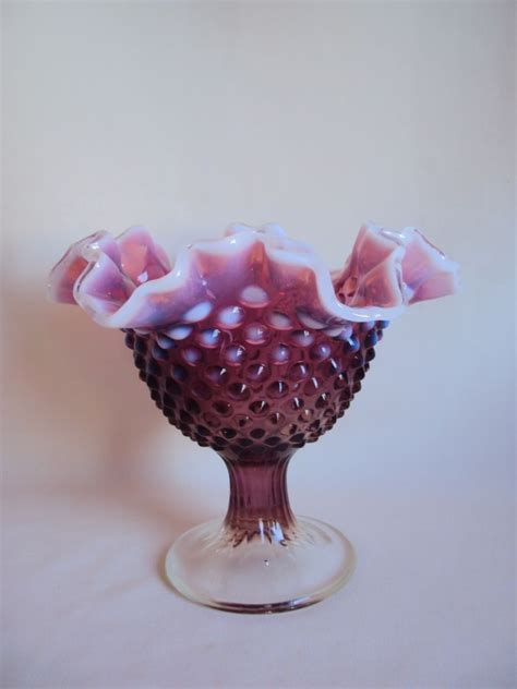 Vintage Fenton Hobnail Ruffled Opalescent Purple Glass Compote Candy Dish Glass Candy Dish