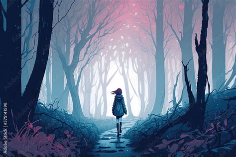 Girl walking alone in forest. Anime style. AI generated image. Stock ...