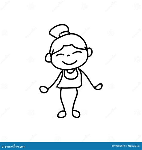 Hand Drawing Happy Cute Girls Line Art Stock Vector Illustration Of