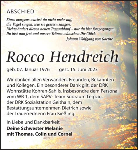 Traueranzeigen Von Rocco Hendreich Trauer Anzeigen De