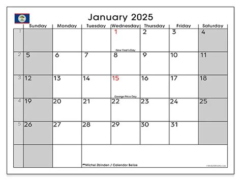 Calendar Belize: January 2025 - Michel Zbinden EN