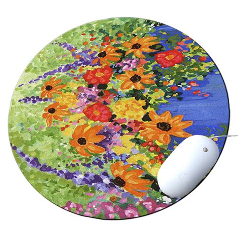 KuzmarK Round Mousepad Hot Pad Trivet Summer Flowers In Blue Pot Art By Denise Every