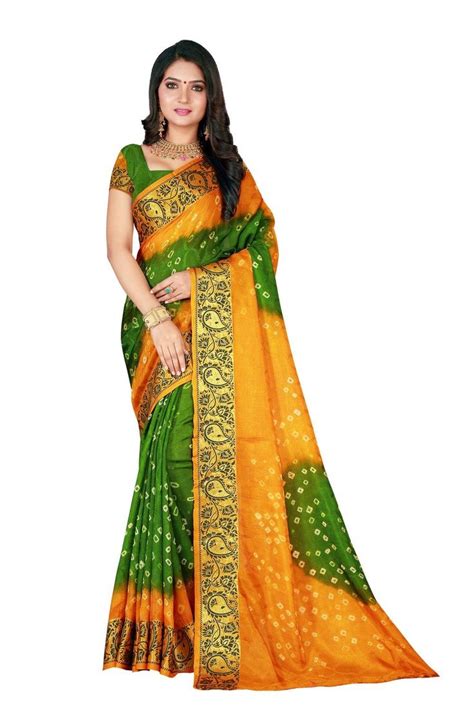 Art Silk Handicraft Bandhani Saree In Green And Orange Art Silk Sarees Bandhani Saree Saree