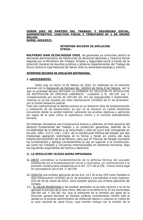 Apelacion Se Or Juez De Partido Del Trabajo Se Or Juez De Partido Del