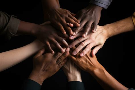 Group of people joining hands together on black background, closeup ... 